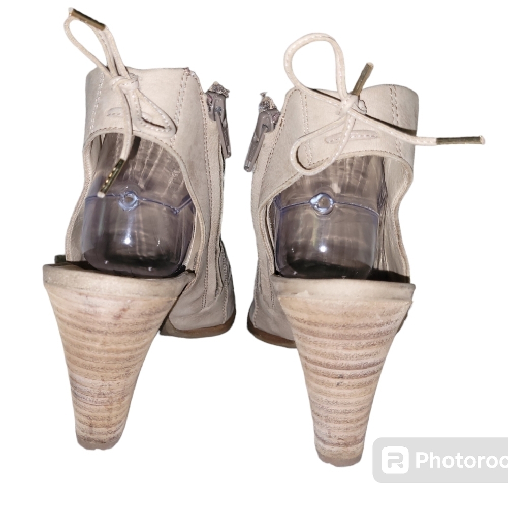 PAUL GREEN Lexi Taupe Leather Peep Toe Booties Mesh Block Heel Chic Neutrel - Picture 6 of 10